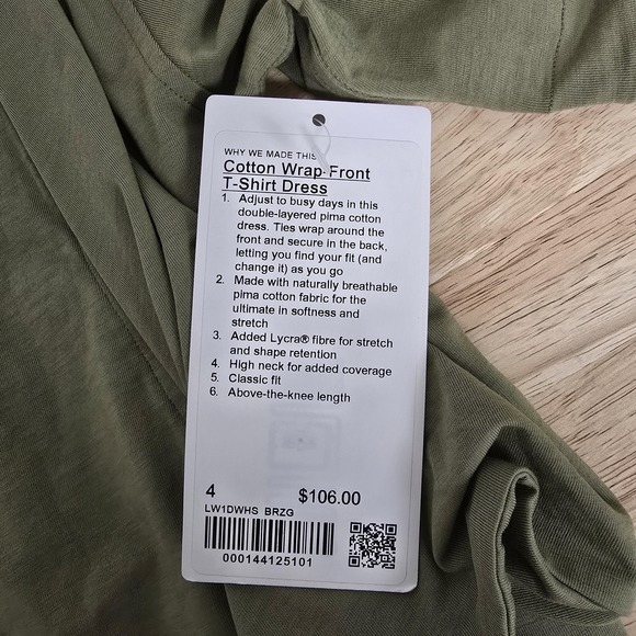 Lululemon Dress Womens 4 Bronze Green Cotton Wrap-Front T-Shirt Tie Waist NWT - Picture 4 of 10